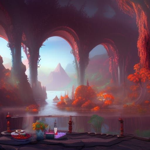 Fantastical Breakfast in Detailed Matte Painting Style
