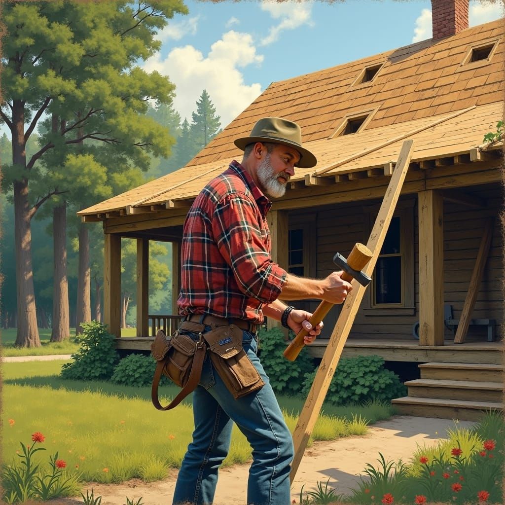Carpenter Building a House Roof in Americana Style