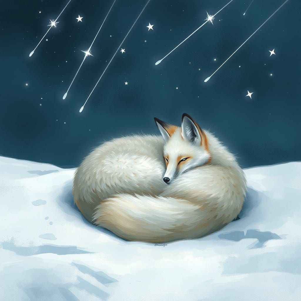 Ethereal Arctic Fox Amidst Shooting Stars in a Soft Winter W...
