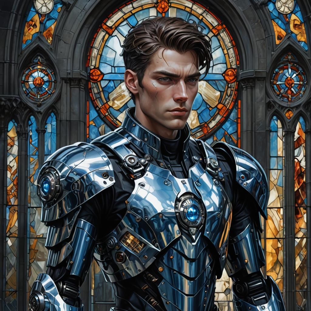 Gothic Cyborg Knight with Glowing Sword as Oil Painting