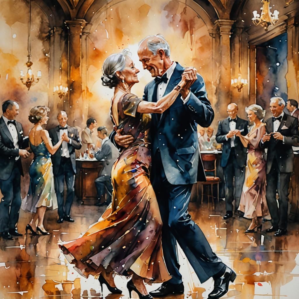 Elderly Couple Ballroom Dancing in Watercolor Style