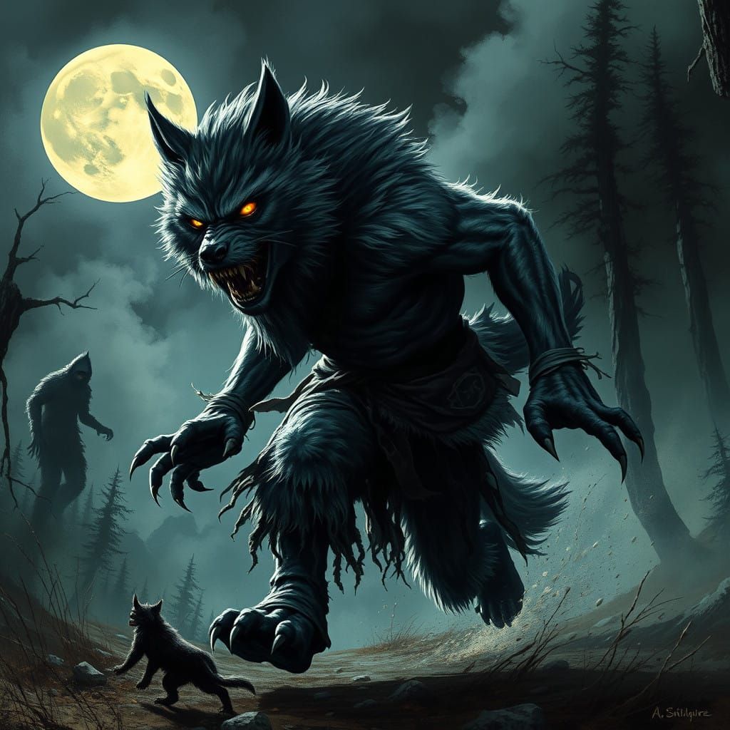 Fierce Wolfman Runs Through Dark, Stormy Forest Under Full M...