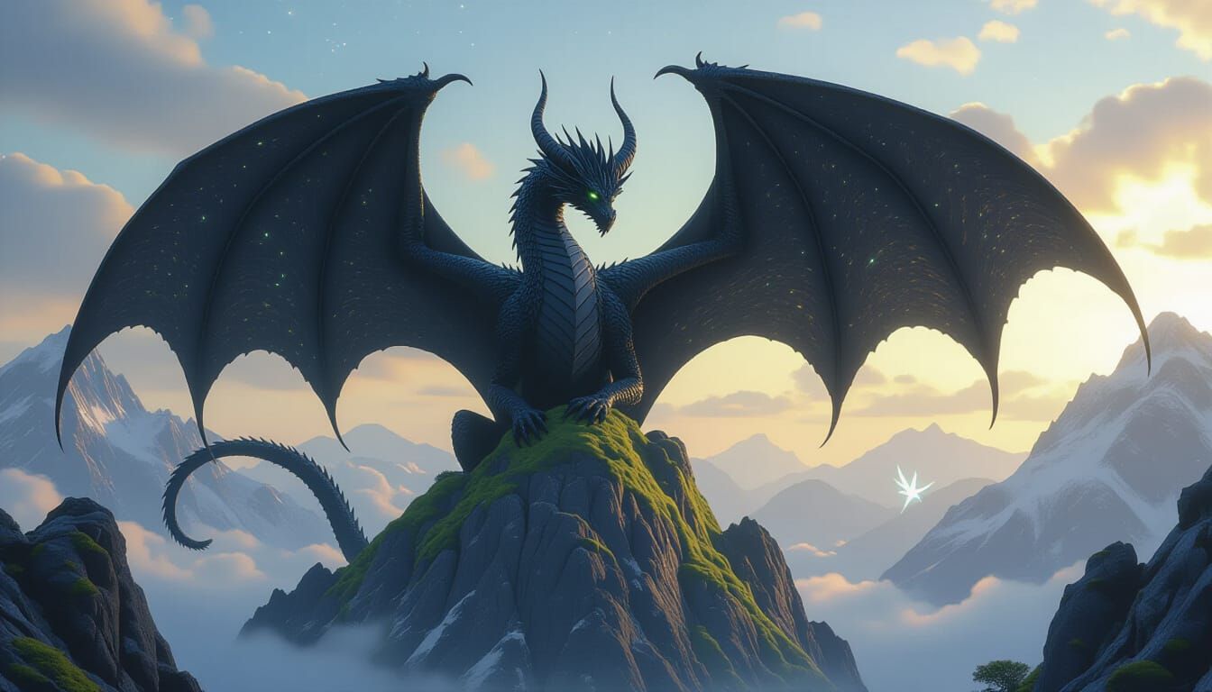 Colossal Black Dragon Over Starry Mountains