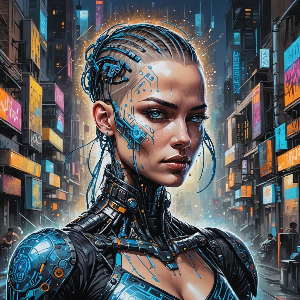 Androgynous Cyborg with Cybernetic Implants in Graffiti Art