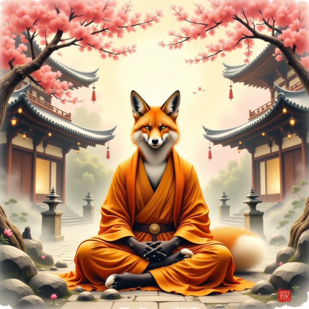 Fox Monk Meditating in Japanese Garden, Sumi-e Style