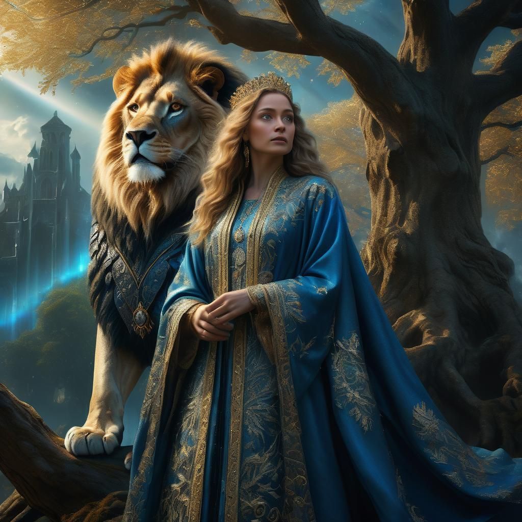 Renaissance Fantasy: Woman and Lion Under Tree