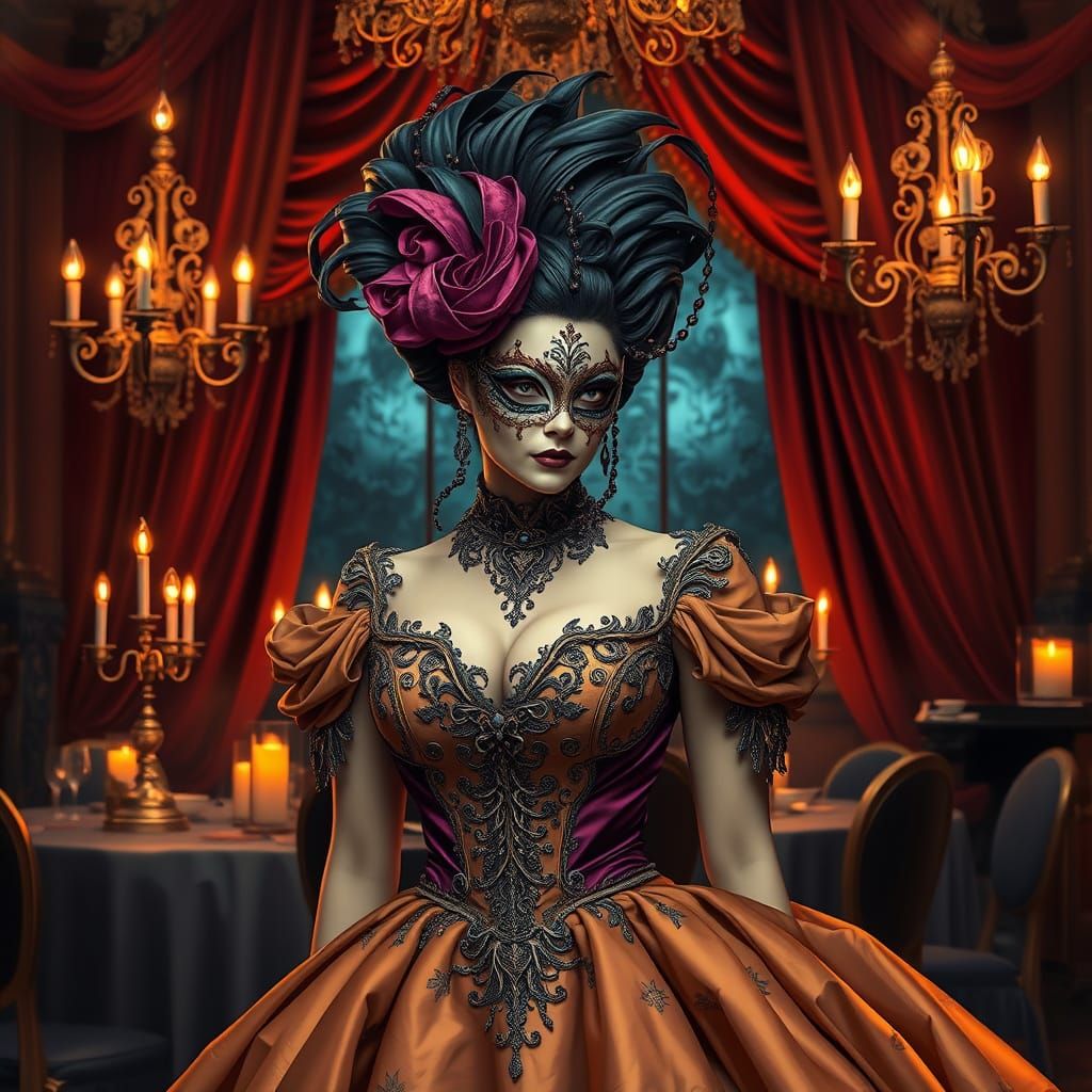 Woman in Lavish Gown at Masquerade Party