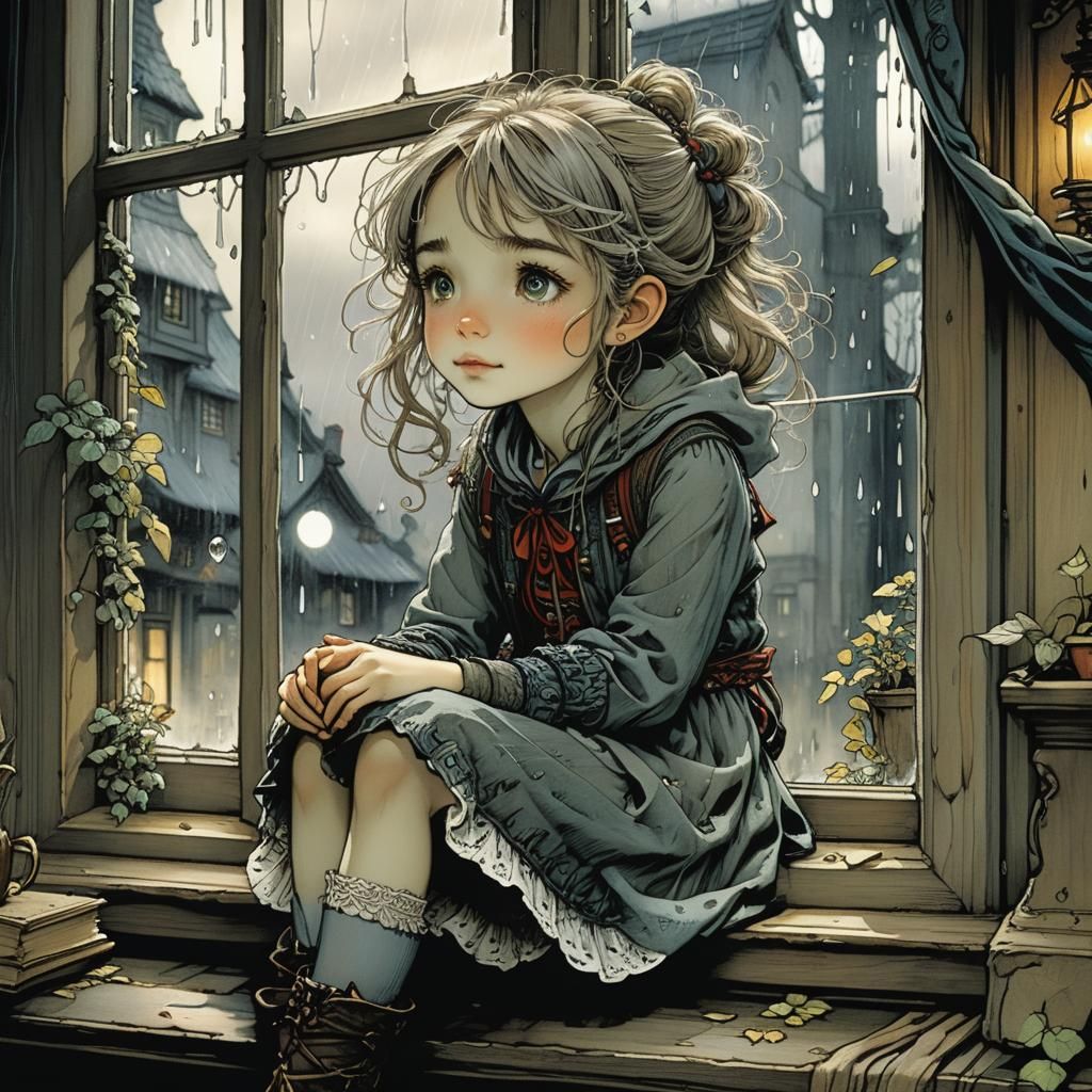 Girl Watching Rain: Expressive Storybook Illustration