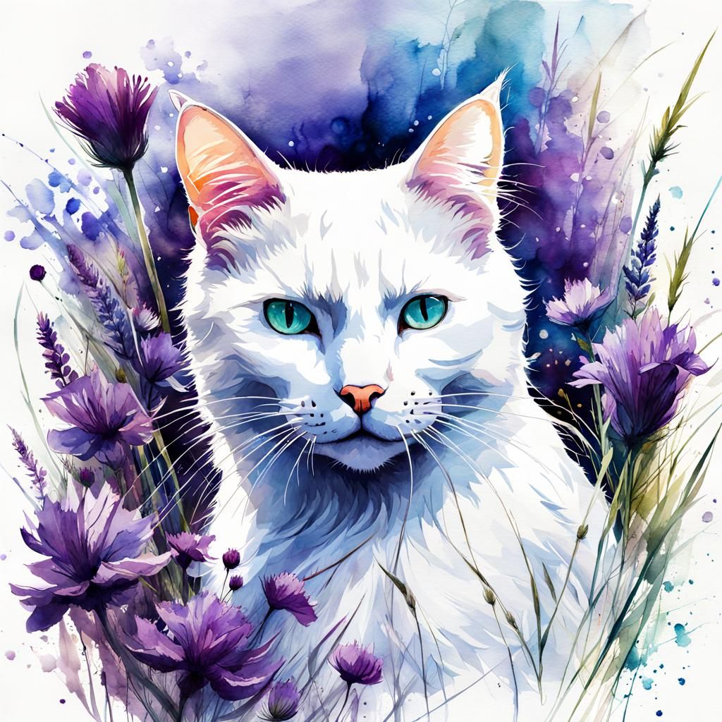 Watercolor Cat with Purple Flowers Illustration
