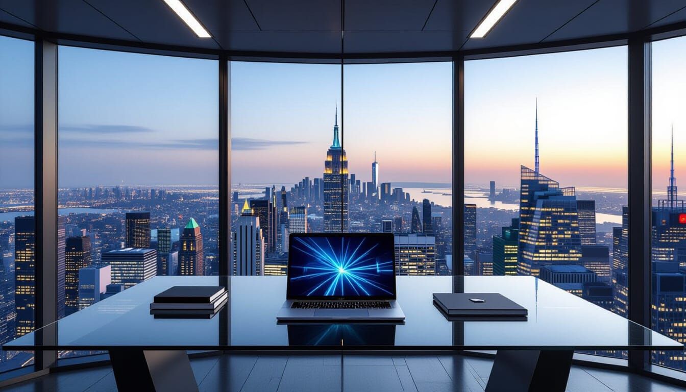 Futuristic Glass Desk with Skyscraper View, Photorealistic S...