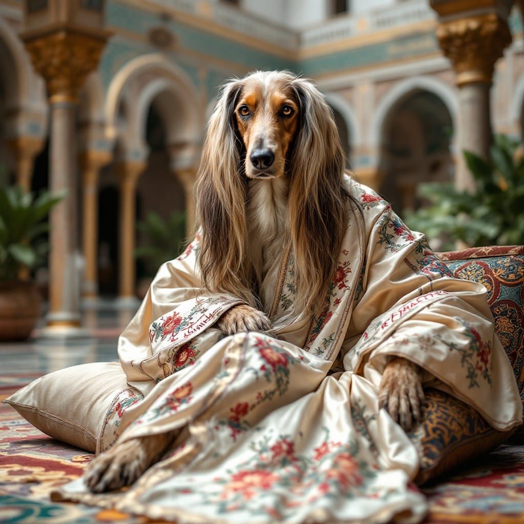 Afghan Hound in Lavish Courtyard Attire