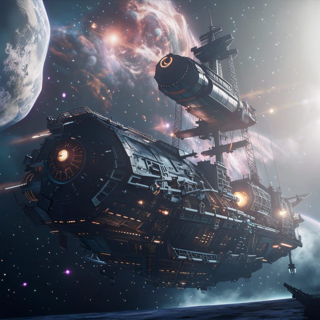 Cyberpunk Pirate Ship Soaring Through Space