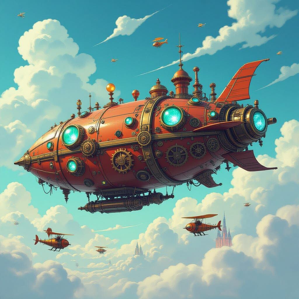 Steampunk Dragon Airship Glides Through Retro Anime Sky