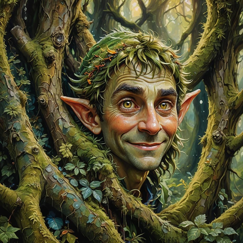 Mischievous elf with pointed ears shifty grin