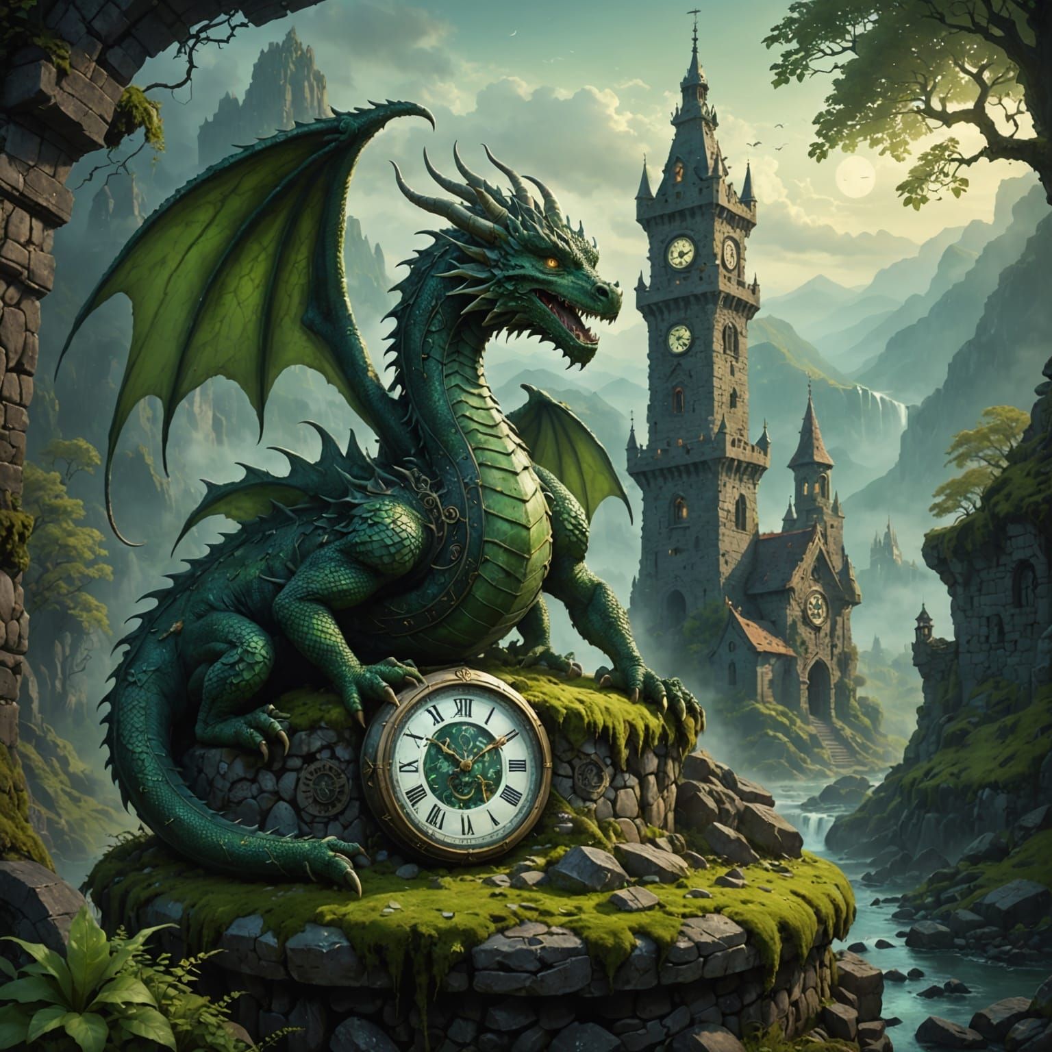 Mossy Dragon Guards Ancient Clock Tower in Misty Valley
