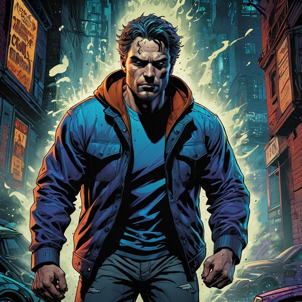 Regal Figure in Gritty City: Comic Book Art