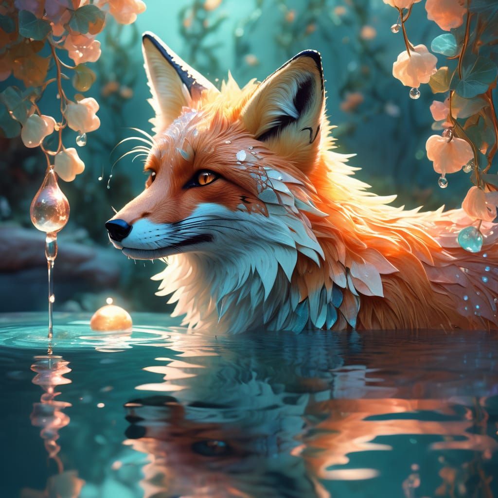 Shimmering Fox in Bioluminescent Grotto, Art Nouveau