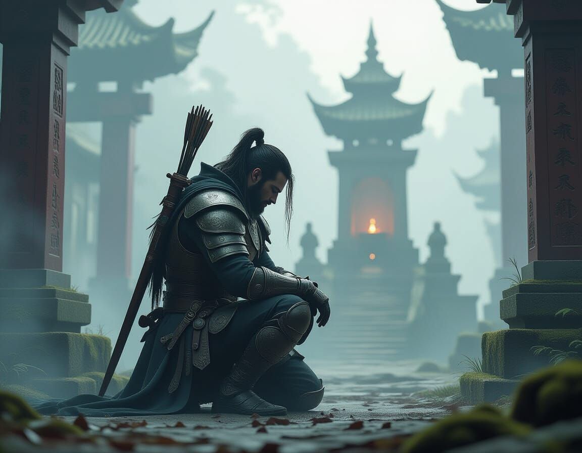 Warrior's Reverence Before Shrine in Digital Art Style