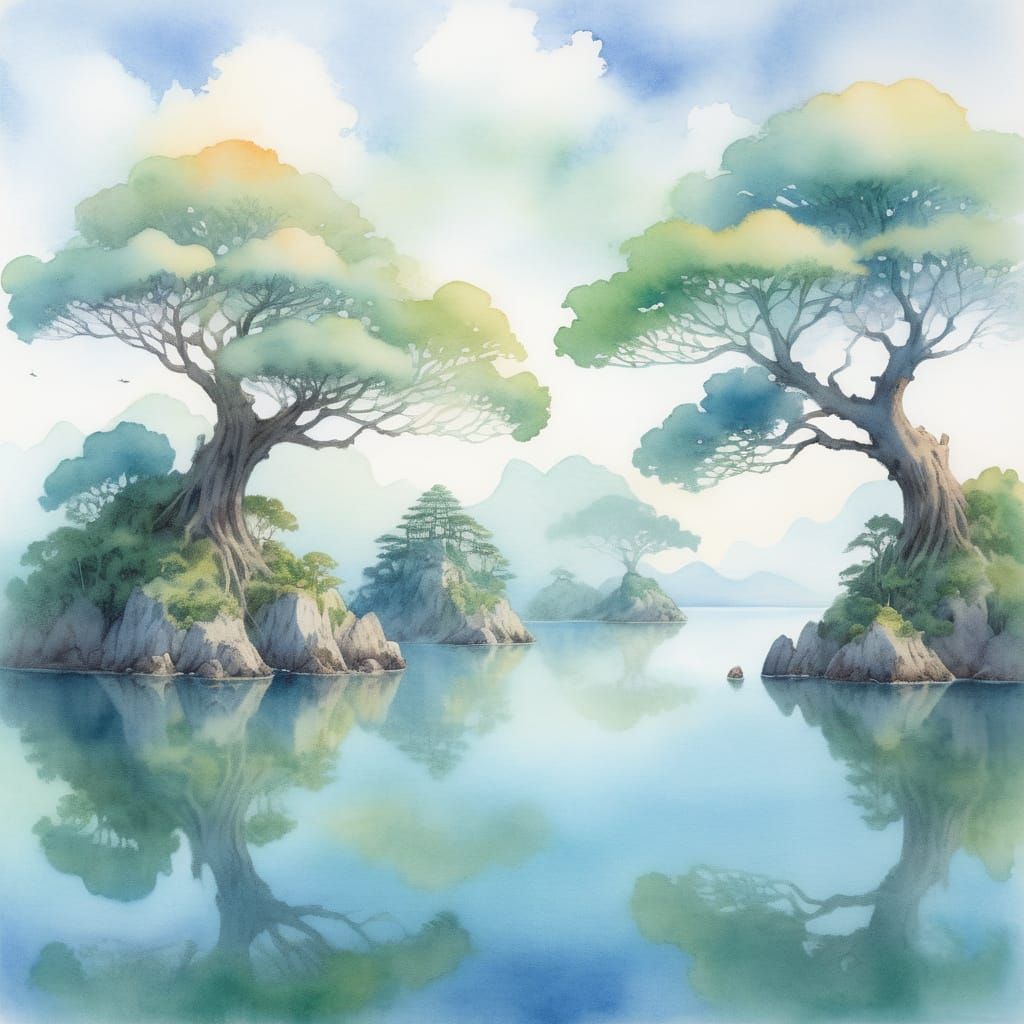 Pastel Islands with Ancient Trees in Ethereal Watercolor Sty...