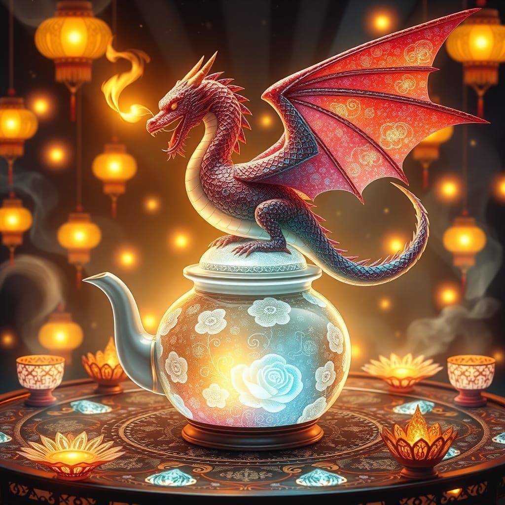Dragon on Teapot with Luminous Floral Patterns