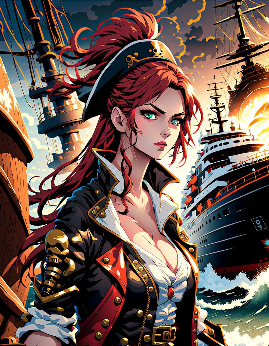 Muscular Female Pirate Anime Art with Mechanical Spine