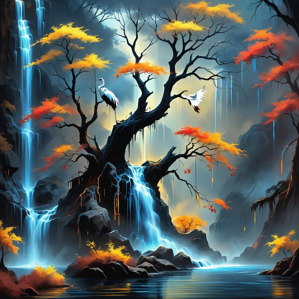 Fantasy Landscape: Neon Waterfall and Autumn Tree