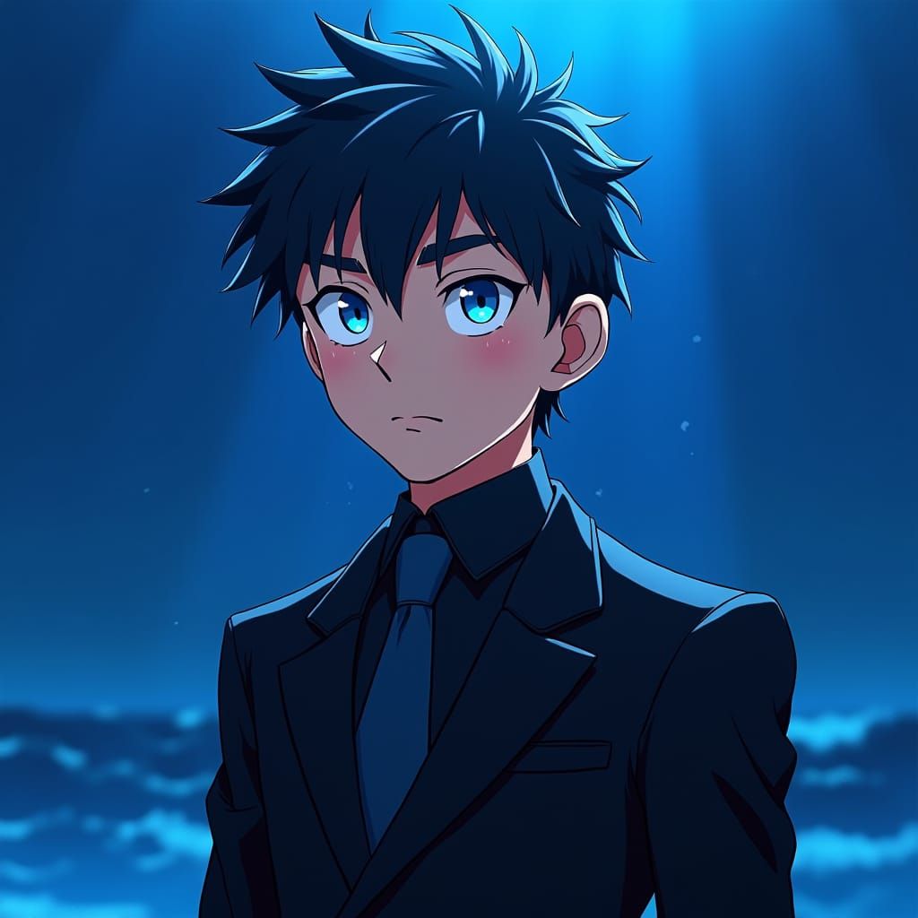 Confident Boy in Anime Style with Blue Accents