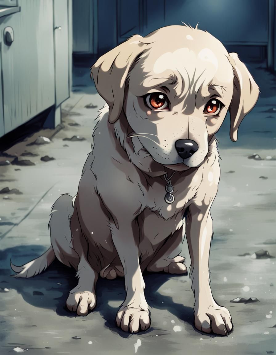Three-Legged Sad Dog in Anime Style