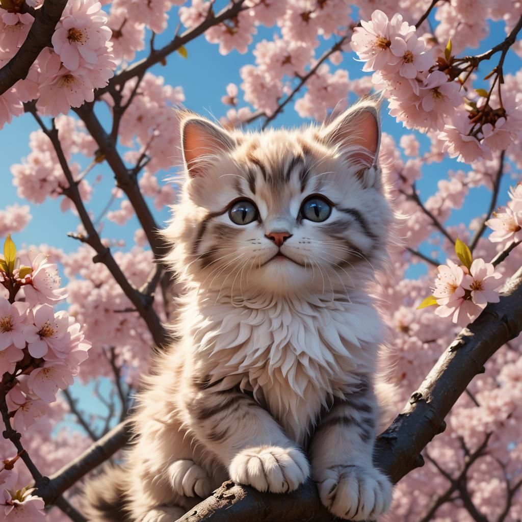 Happy Kitten Under Cherry Blossoms: Pixar Style