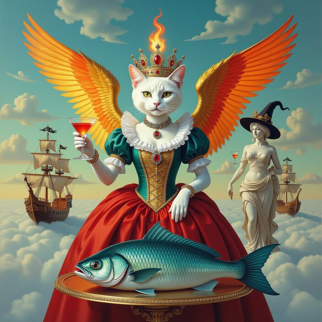 Surreal Siamese Cat Dreamscape with Fiery Wings