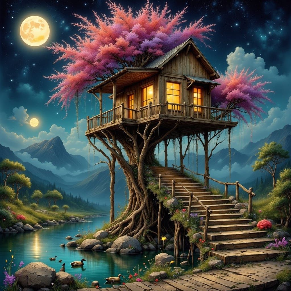 Cozy Floating Treehouse with Wisteria in Dreamy Style