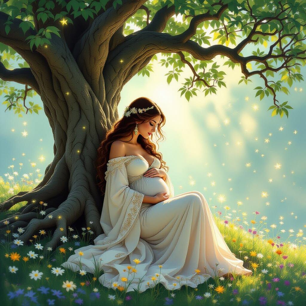 Pregnant Woman Under Luminous Tree, Embraced by Nature