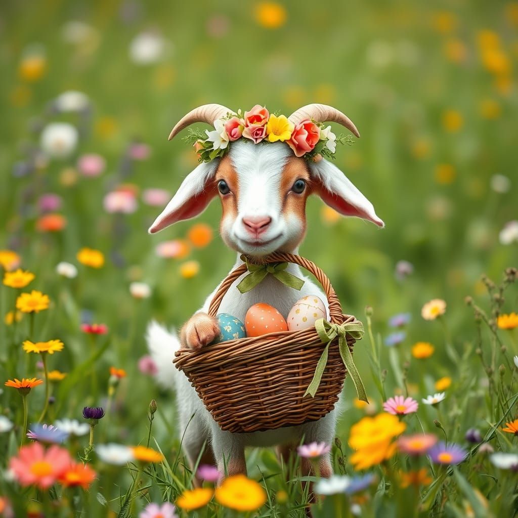 Whimsical Goat Holds Easter Basket in Floral Meadow