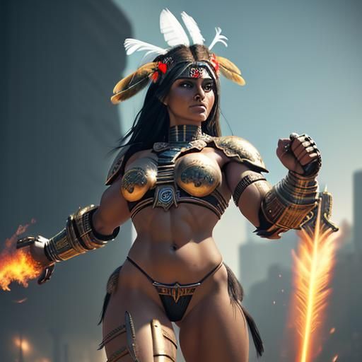 Aztec Warrior Woman with Flaming Sword in Cyberpunk Style