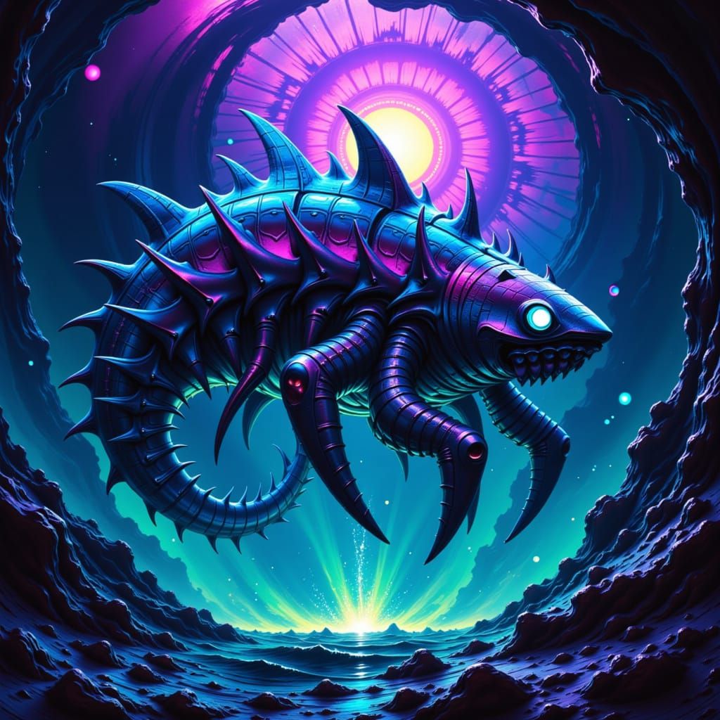 Bio-Mechanical Shark Emerges from the Deep, Dark Fantasy