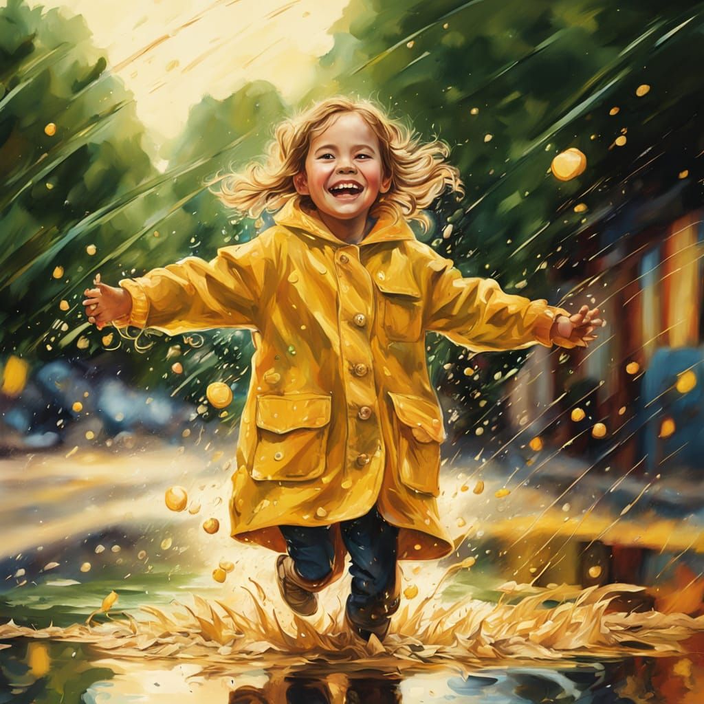 Joyful Girl Playing in Rainy Puddle: Impressionist Oil Paint...