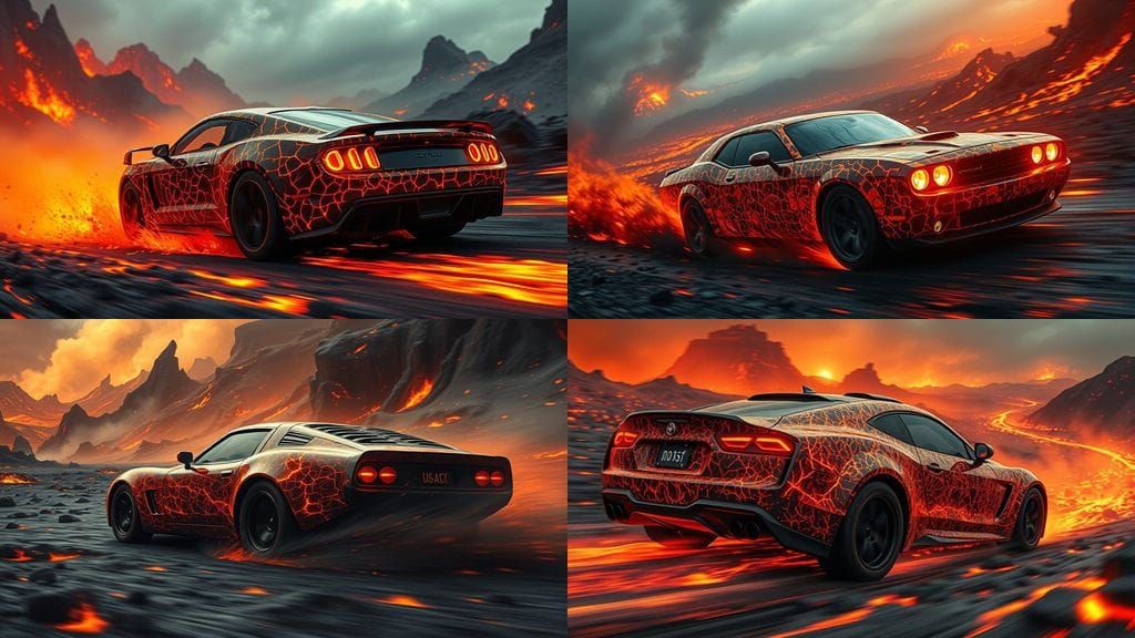 Lava Car in Volcanic Landscape, Surreal Art