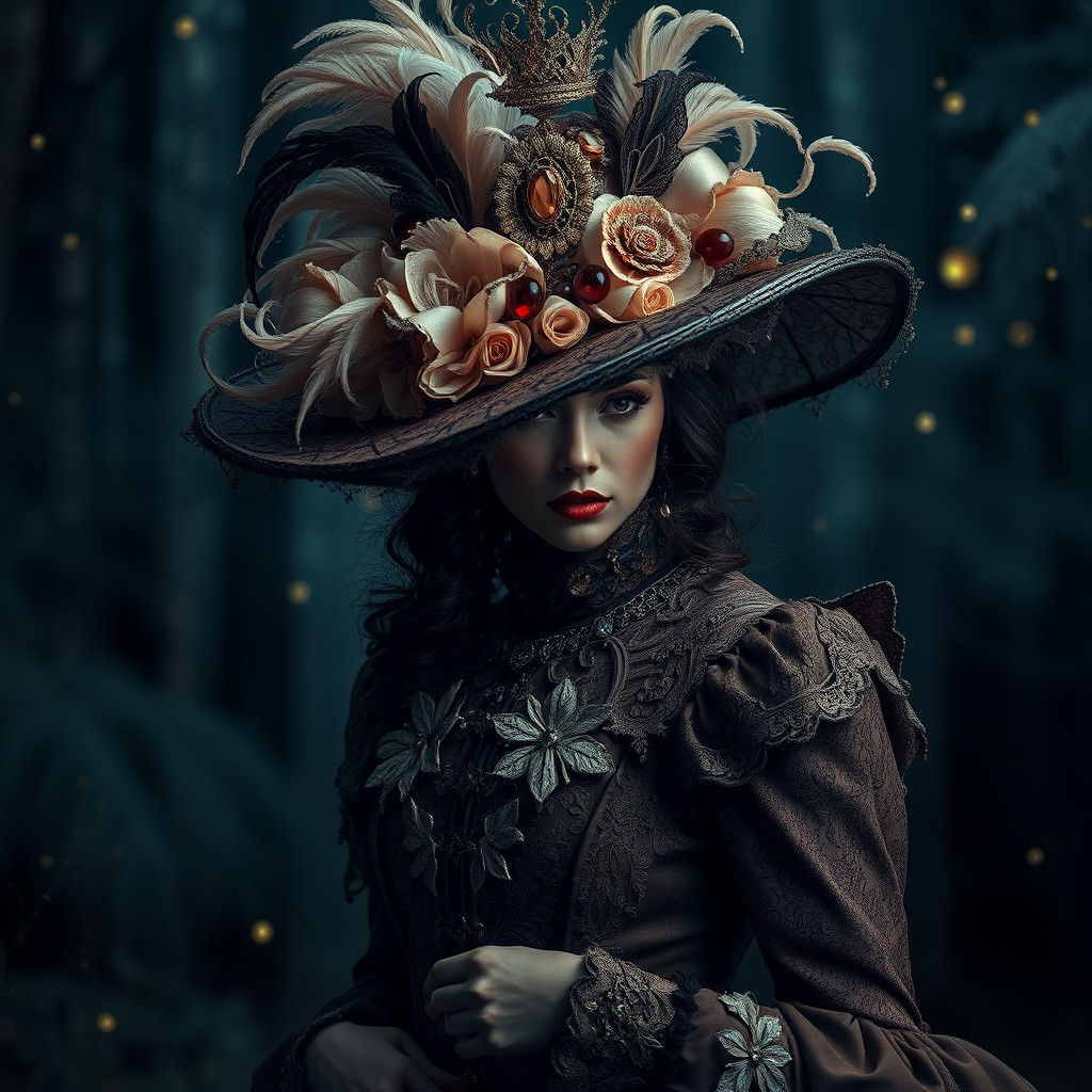 Victorian Figure in Mystical Forest, Dreamlike Fashion Edito...