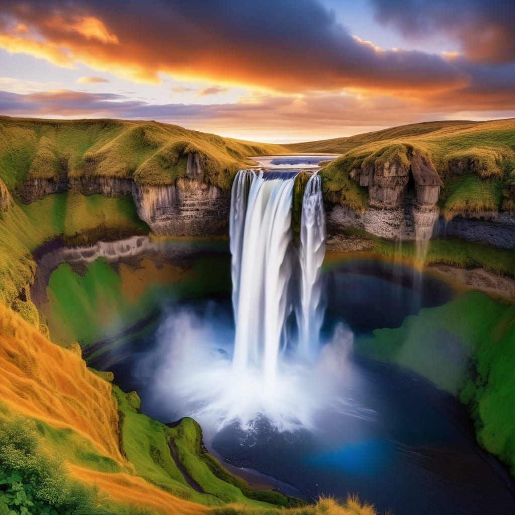 Majestic Icelandic Waterfalls at Sunset