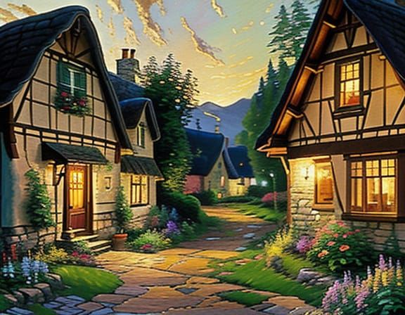 Cozy Cottage at Golden Hour, Impressionist Painting