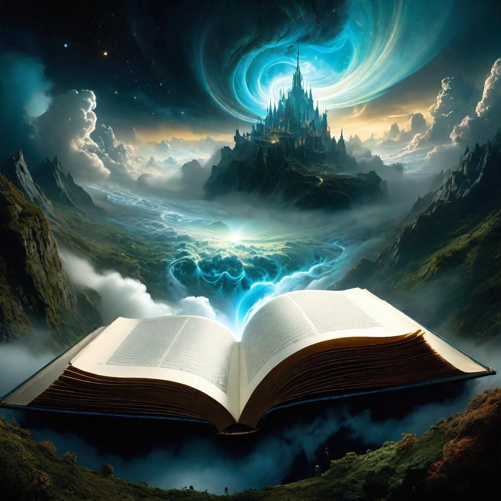 Miniature Celestial Cloud Realm Emerging from Book