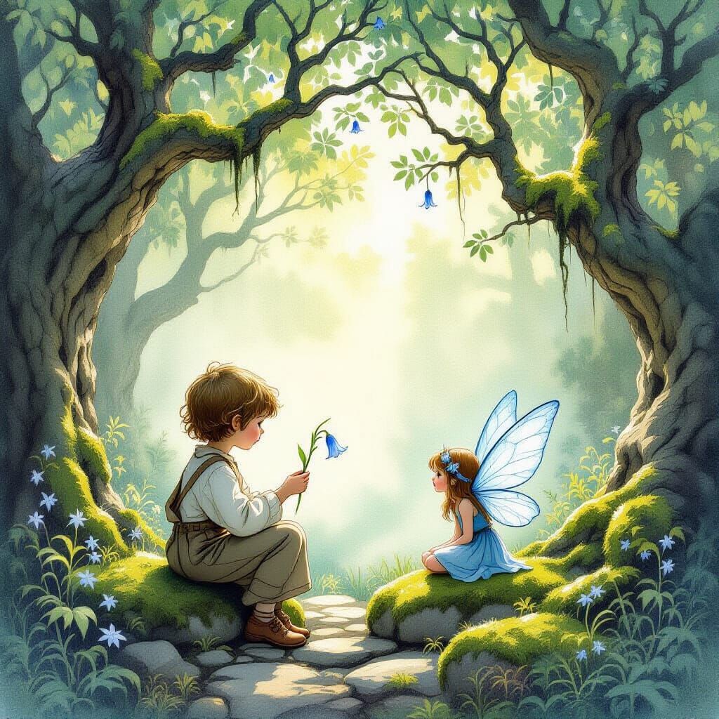 Child Offers Flower to Forest Sprite in Luminous Watercolor
