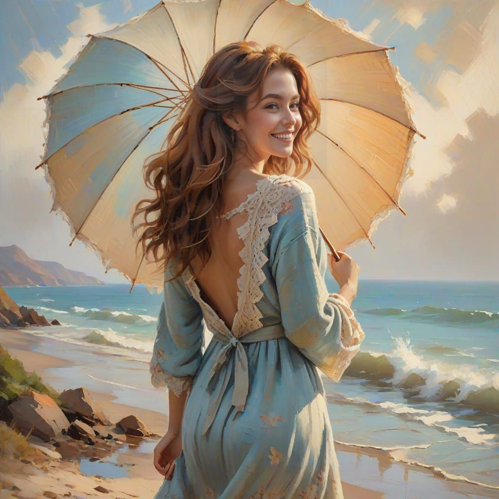 Ethereal Coastal Portrait in Vibrant Oil on Canvas