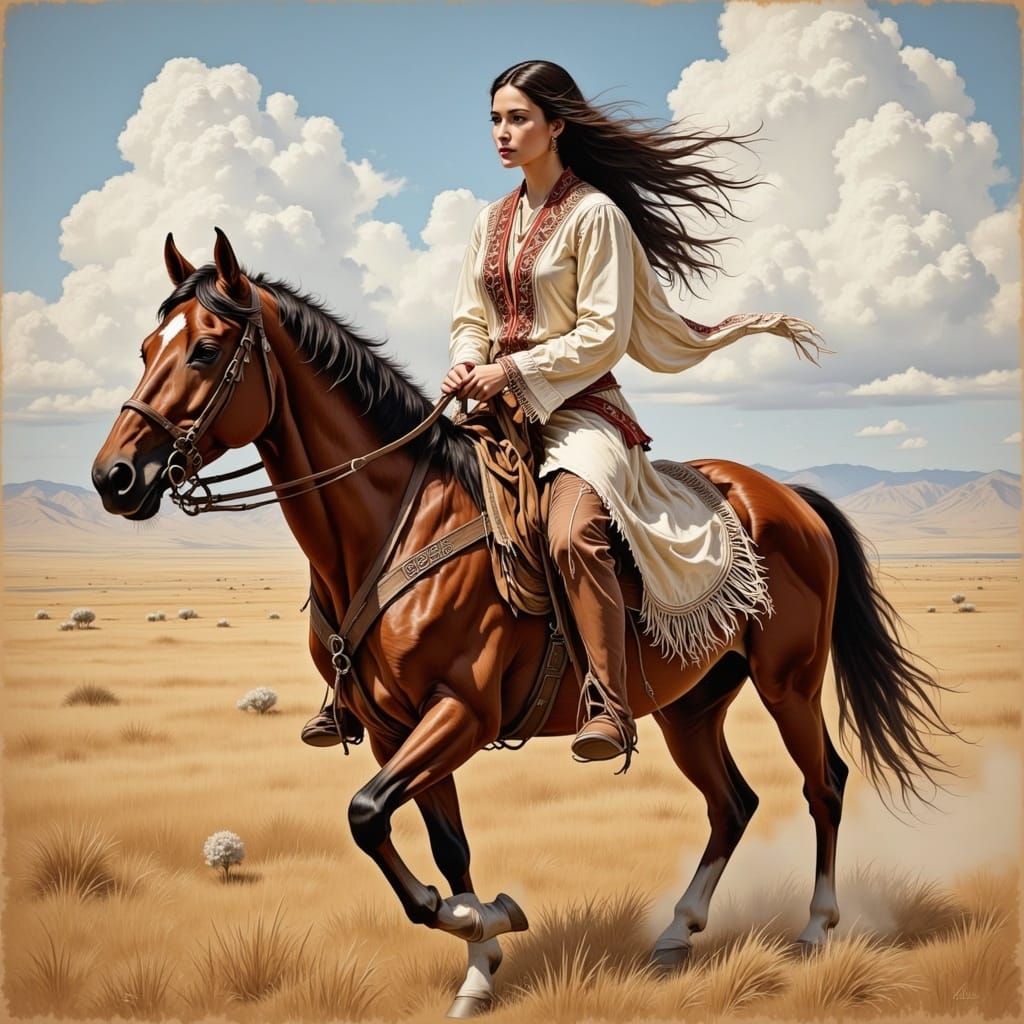 Cheyenne Maiden Rides Wild Horse in Impressionist Style