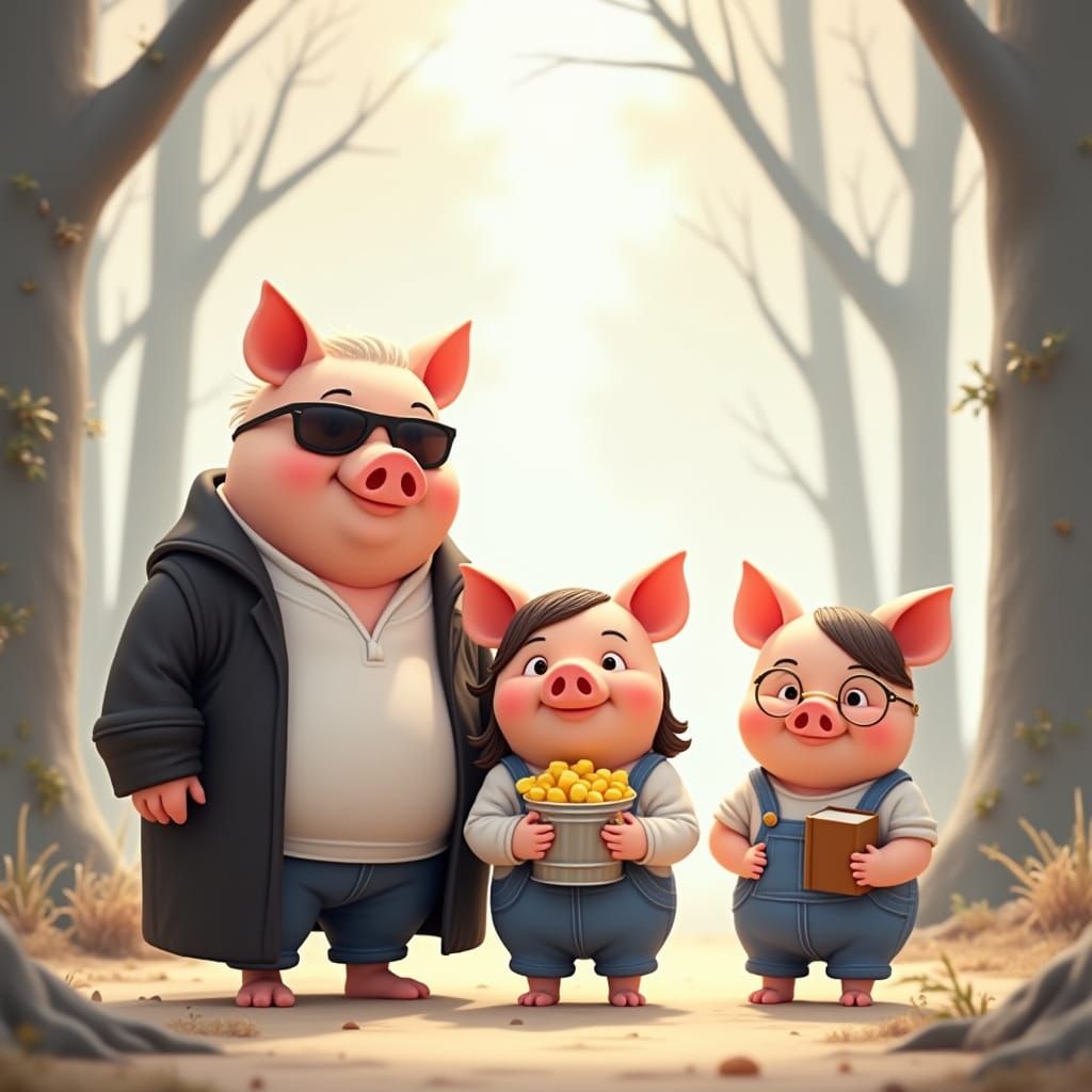 Anthropomorphic Pig Brothers in Scandinavian Forest