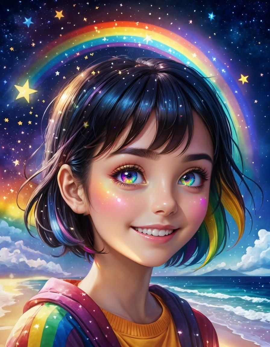 Radiant Girl with Rainbow and Stars: Photorealistic Painting