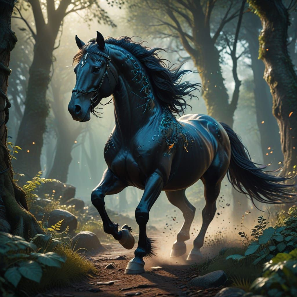 Mystical Black Horse in Emerald Forest