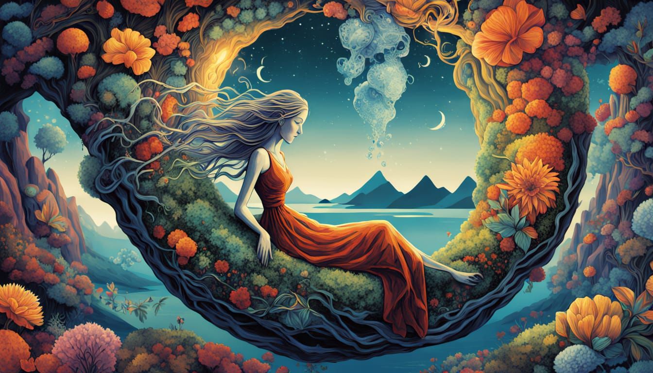 Surreal Dreamscape: Person Asleep in Crystalline Geode