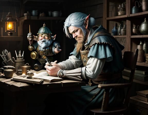 Gnome Repairing Automaton in Dark Fantasy Style