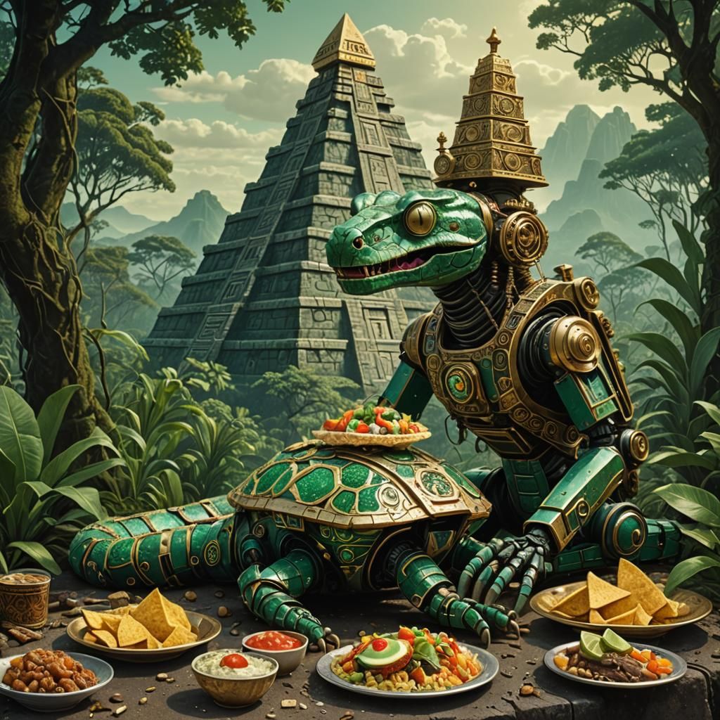 Steampunk Snake with Emerald Scales in Ancient Jungle